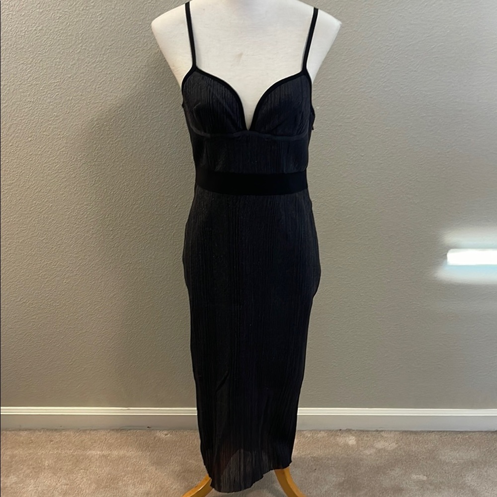 Herve Leger Black Midi Bodycon Dress with Ruched Details and Spaghetti Straps